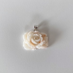 Deep Sea Coral Pendant, 25x19mm Rose Carved Pendant, Natural Pink/White Color Coral, Hand Carved Rose, Silver (Rhodium-Plated) Bail