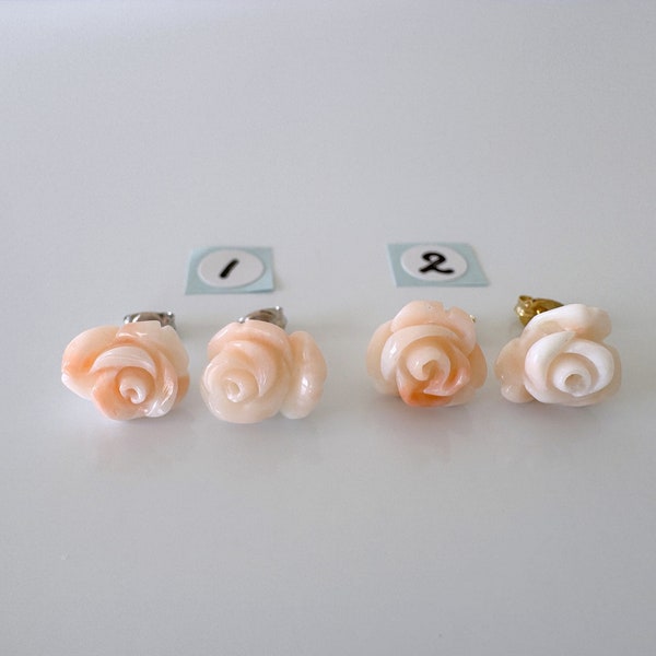 Natural Coral Rose Stud Earrings, Coral studs, Genuine Pink/White Color Coral, Silver 925, Hand-Carved, Coral Accessory