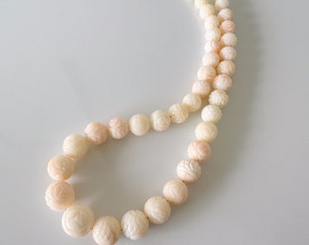 Natural Deep Sea Coral Round Carved Beads Strand 8.7-15.5mm, 15.3inches, 40cm, Natural White/Slightly Pink Color Coral