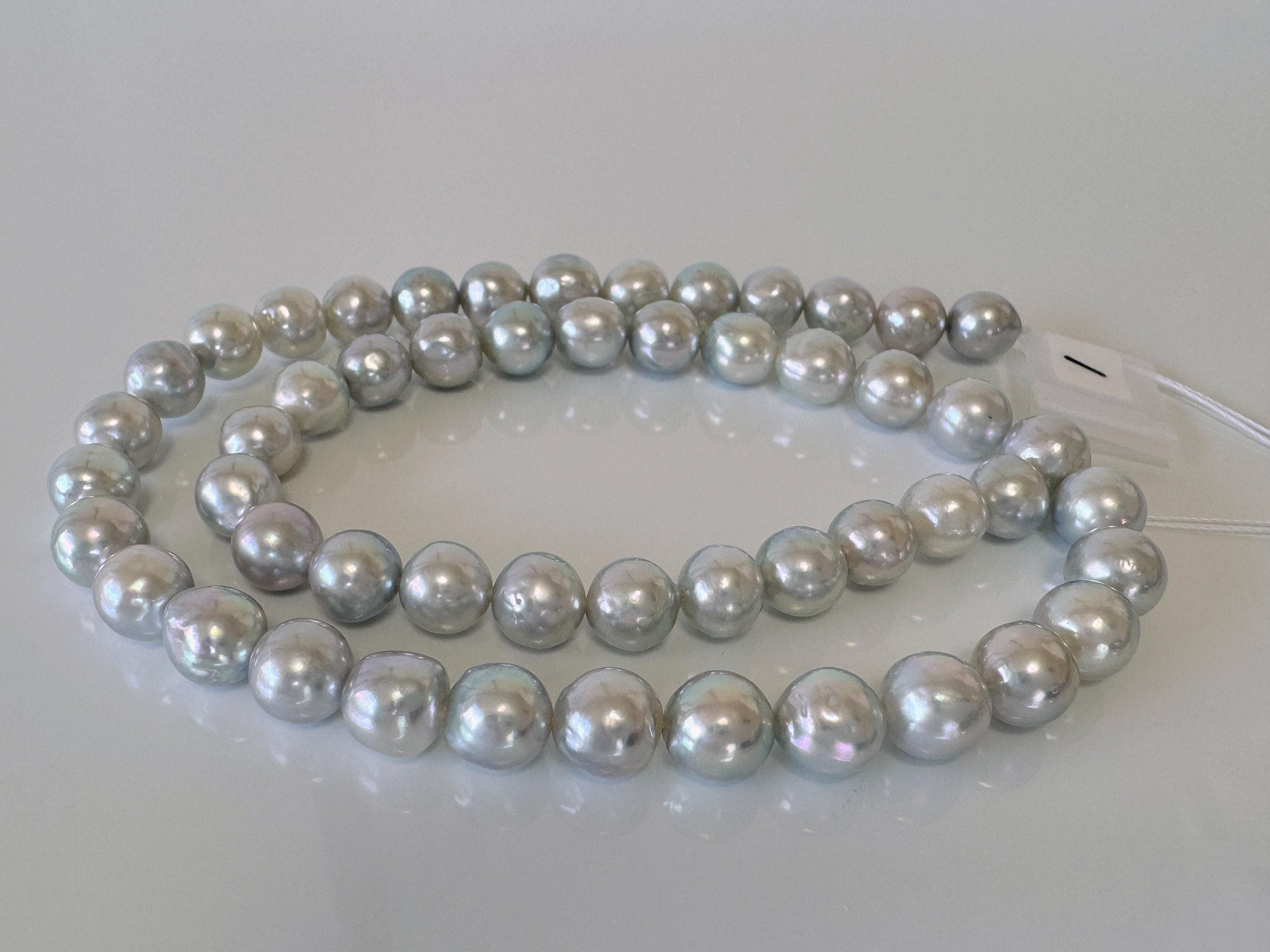 Collana Di Perle Akoya Grigie 10-13mm - Lunghezza 18 Pollici, Fatte A Mano, Vintage