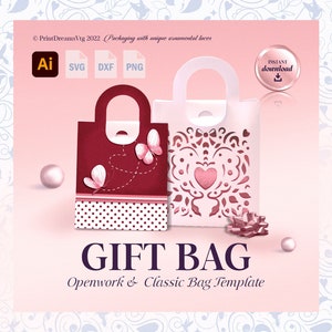 Modèle SVG de sac cadeau : classique et dentelle/ajouré, sacs cadeaux pour fêtes, mariages et anniversaires. SVG Cricut/Silhouette Coffrets/sacs cadeaux