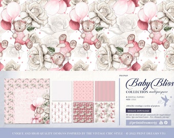 Baby Girl Papers/Patterns: Bear Scrapbook Vtg, Digital Baby Paper. Perfect for DIY Birth Announcements and Baby Showers - Pattpaper