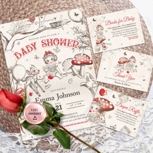 Schneewittchen Baby Shower Kit: Deine Märchen-Feier! Enthält Einladungskarte, Babystreusel, Bücherwunsch, Dankeskarte, Windelband, Raff.