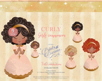 Lovely Digital First Communion Clipart for Girls with Curly Hair. Celebrate Her Special Day with Elegant First Communion Illustrations Vtg