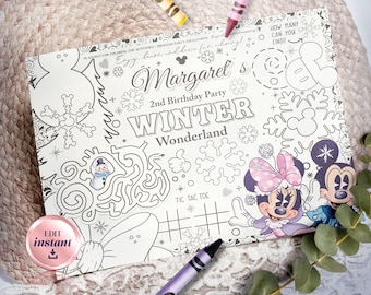 Editable Mickey and Minnie Winter Coloring, Activity Sheet. Party Coloring & Keepsake Placemat | Thematic Party - Bday Party Decor