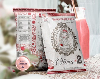 Modèle de sac à chips blanc neige modifiable : idéal pour les cadeaux d'anniversaire et plus | Soirée à thème - Décoration de fête d'anniversaire