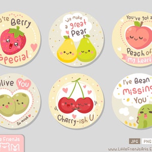May include: Set of six round printable stickers featuring cute cartoon fruit with puns. The stickers feature a strawberry, pear, peach, olives, cherries, and a bean. Each sticker has a different pun related to the fruit. The stickers are perfect for Valentine's Day or any occasion.