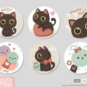 Lindos olhos grandes de gato preto com pom pom fofo miau! adorável engraçado O que você está fazendo? Conjunto de pino de botão de etiqueta de presente de clipart de círculo, vetor EPS