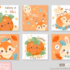 ¡Hola otoño! hojas amarillas rojas y calabaza con lindo zorro feliz y conejito otoño tema Conjunto de imágenes prediseñadas cuadradas, etiqueta de regalo, tarjeta Vector EPS