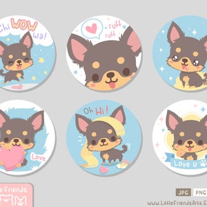 Süße glückliche lustige Chihuahua Chiwawa Hund, Schokolade braun lange Haare in weicher Farbe. Satz von Kreis Clipart, Geschenkanhänger, Knopfpin. Vektor EPS