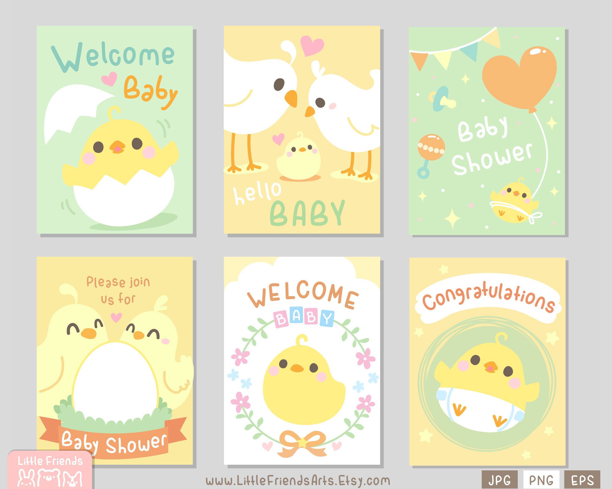 Linda tarjeta de baby shower. Pollito pájaro, niña neutra felicitaciones.  color pastel Conjunto de imágenes prediseñadas rectangulares, etiqueta de, image size:2000x1600