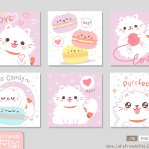 Lindo gato persa juguetón blanco peludo esponjoso, maullar en suave color pastel. Juego de clipart cuadrado, etiqueta de regalo, tarjeta, encantador, tan cómodo. EPS vectorial