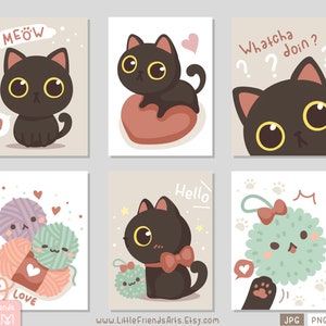 Cute tiny black cat big eyes with fluffy pom pom toy meow! lovely funny Whatcha doin? Set of rectangle clipart, gift tag, card. Vector EPS