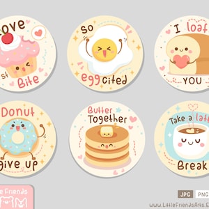 Puede incluir: Seis pegatinas redondas con lindas ilustraciones de comida y juegos de palabras. Las pegatinas presentan un cupcake, un huevo, pan, una dona, panqueques y una taza de café. El texto en las pegatinas incluye "Love at first bite", "So egg cited", "I loaf you", "Donut give up", "Butter together" y "Take a latte break".