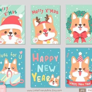 Feliz Navidad + Feliz Año Nuevo por lindo perro corgi feliz divertido de nuevo. Conjunto de imágenes prediseñadas rectangulares, etiqueta de regalo, tarjeta. Saludos de temporada. Vector EPS