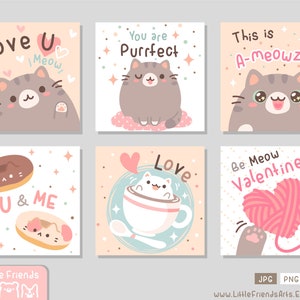 Nette mollige Katze voller Liebe und Schnurrbart, meow! in weicher Pastellfarbe. Satz von quadratischen Clipart, Geschenkanhänger, Karte, Valentinstag. Vektor EPS