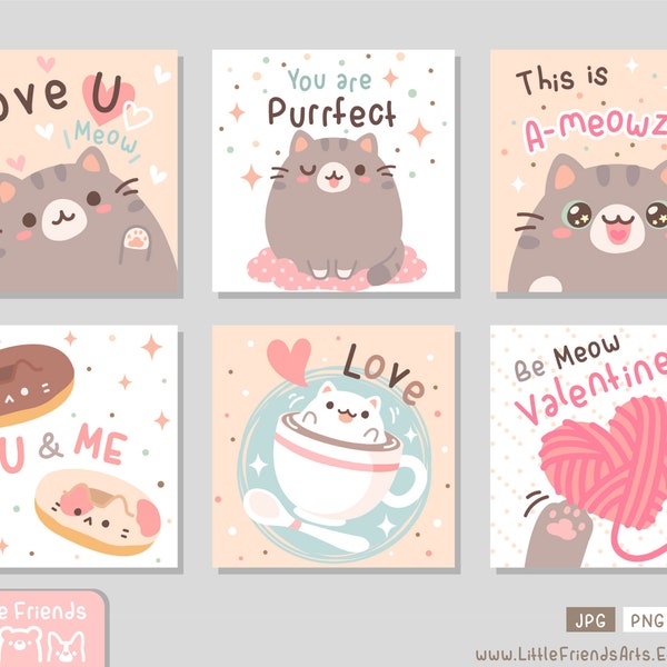 Cute chubby cat full of love and purr, meow! in soft pastel color. Set of square clipart, gift tag, card, valentine day. Vector EPS