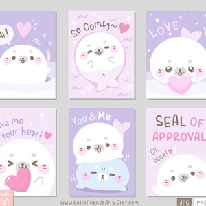May include: Six printable Valentine's Day cards featuring cute cartoon seals with different messages. The cards are on a purple background with pink hearts and stars.