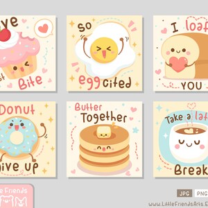 May include: Six illustrated cards with cute food puns. The cards feature a cupcake, an egg, a loaf of bread, a donut, a stack of pancakes, and a cup of coffee. Each card has a different pun related to the food item. For example, the cupcake card says "Love at first bite" and the egg card says "So egg cited".