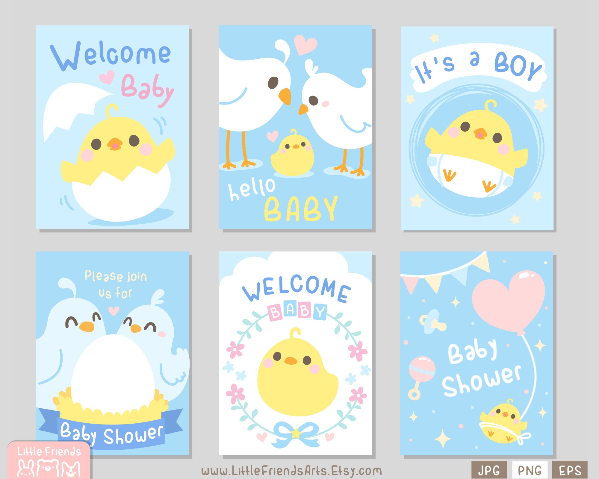 Linda tarjeta de baby shower. Pajarito, pollito, es un niño felicidades.  color azul pastel Conjunto de imágenes prediseñadas rectangulares, etiqueta, image size:2000x1600