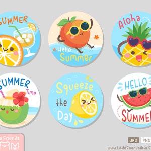 Witajcie letnie owoce świeże na plaży, cytryna ananas arbuz brzoskwinia cytrusy kokos. Ustaw koło clipart prezent tag przycisk pin. Wektor EPS