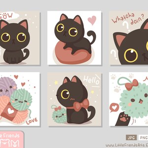 Lindo pequeño gato negro grandes ojos con esponjoso pom pom maullido de juguete! encantador divertido Whatcha doin? Conjunto de imágenes prediseñadas cuadradas, etiqueta de regalo, tarjeta. Vector EPS