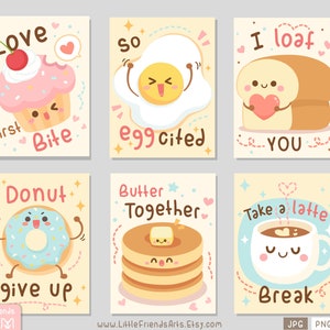 May include: Six illustrated cards with food puns. The cards are yellow with a white border and feature a cupcake, egg, bread, donut, pancakes, and a coffee cup. Each card has a food-related pun, such as "Love at first bite" and "I loaf you".