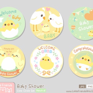 Linda tarjeta de baby shower. Pollito pájaro, niña neutra felicitaciones. color pastel Conjunto de círculo etiqueta de regalo botón pin tarjeta Vector EPS