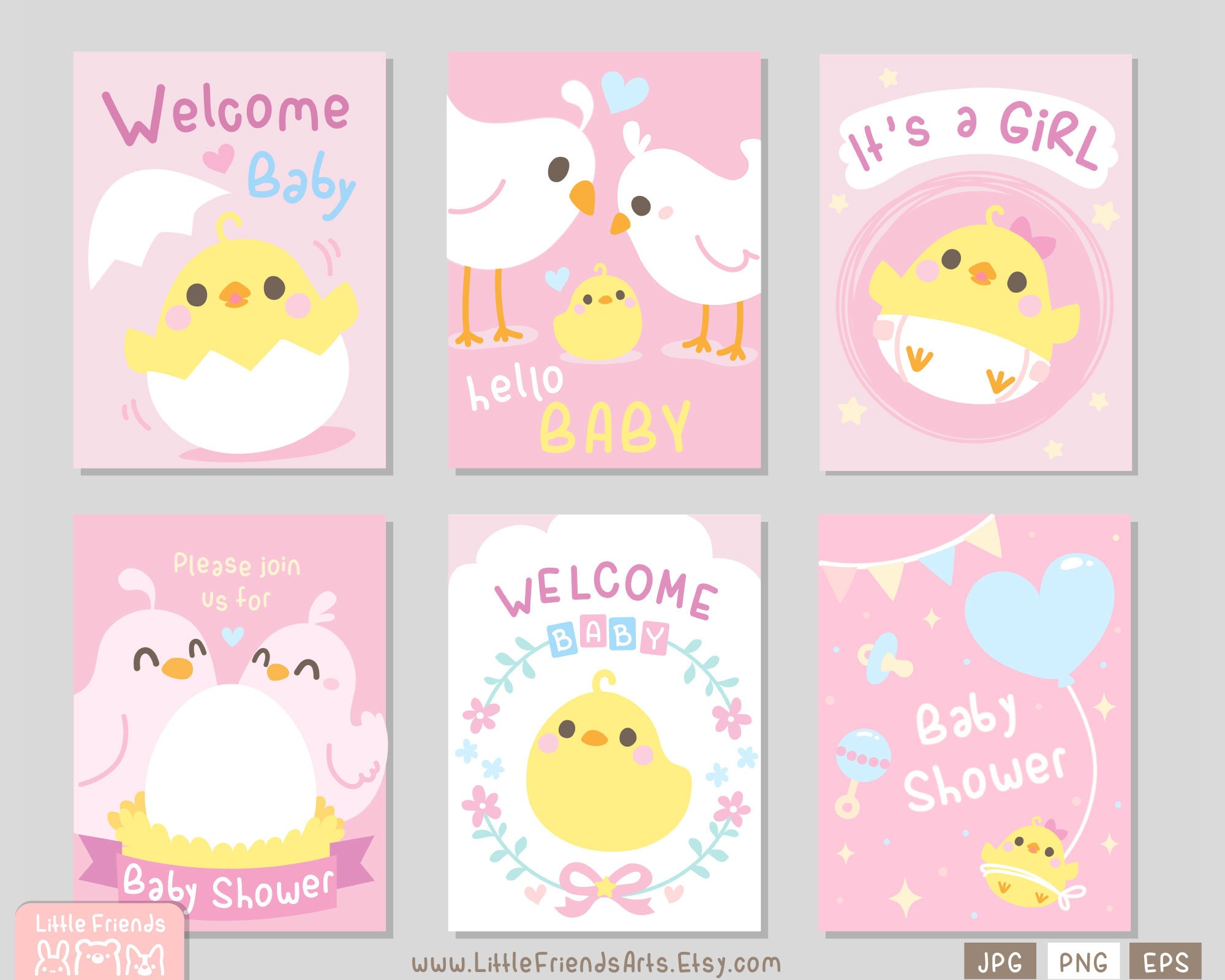 Linda tarjeta de baby shower. Pollito pajarito, es una niña felicitaciones.  color rosa pastel Conjunto de imágenes prediseñadas rectangulares,, image size:2000x1600