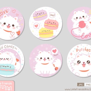 Söt lekfull perserkatt vit lurvig fluffig, mjau i mjuk pastellfärg. Uppsättning av cirkel clipart, presentetikett, knappnål, härlig bekväm vektor EPS