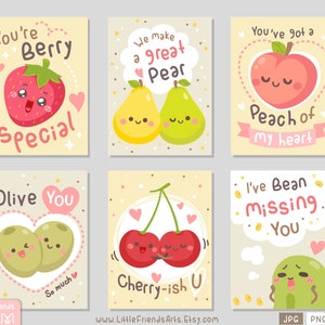 Citas de amor de frutas divertidas. Bonita baya feliz, pera, melocotón, oliva, cereza, frijol. Conjunto de imágenes prediseñadas rectangulares, etiqueta de regalo, tarjeta, Vector EPS