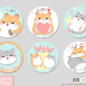 Schattige mollige hamster beste vriend. Duo mooie grappige gelukkig in zachte mint pastel kleur. Set van cirkel clipart, gift tag, knop pin. Vector EPS