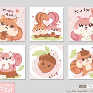 Bonita ardilla pareja feliz con bellota y flor. Amigos animales del bosque. Otoño enamorado. Conjunto de imágenes prediseñadas cuadradas, etiqueta de regalo, tarjeta. Vector EPS