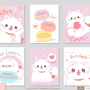 May include: Six pink and white printable cards featuring cute cartoon white cats with different expressions and accessories. The cards include text such as "Oh! my LOVE", "So Comfy", "Purrfect", "Hey!" and "Meow".