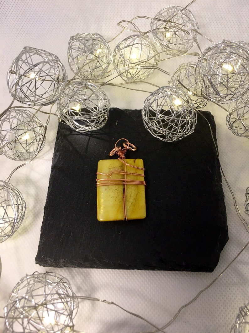 Mother of pearl wrapped in copper wire pendant with 18 inch rose antique bronze chain