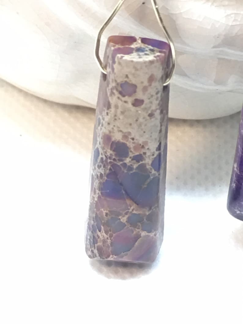 dangle and drop earrings Purple jasper rainbow stones captured in gold