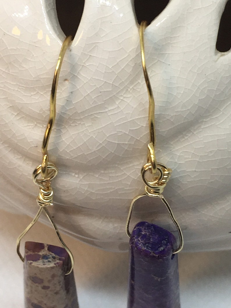 dangle and drop earrings Purple jasper rainbow stones captured in gold