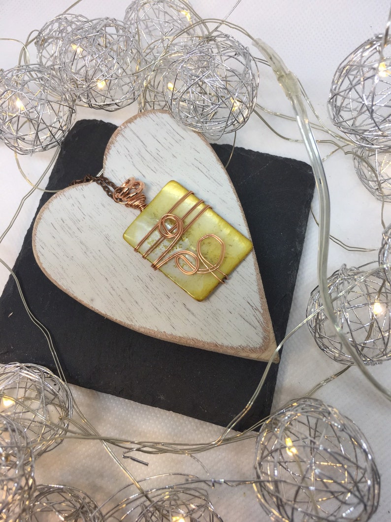 Mother of pearl wrapped in copper wire pendant with 18 inch rose antique bronze chain