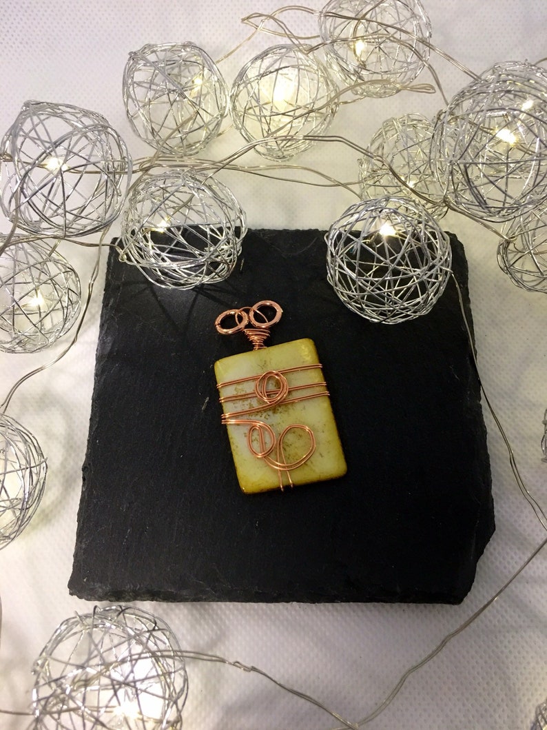 Mother of pearl wrapped in copper wire pendant with 18 inch rose antique bronze chain