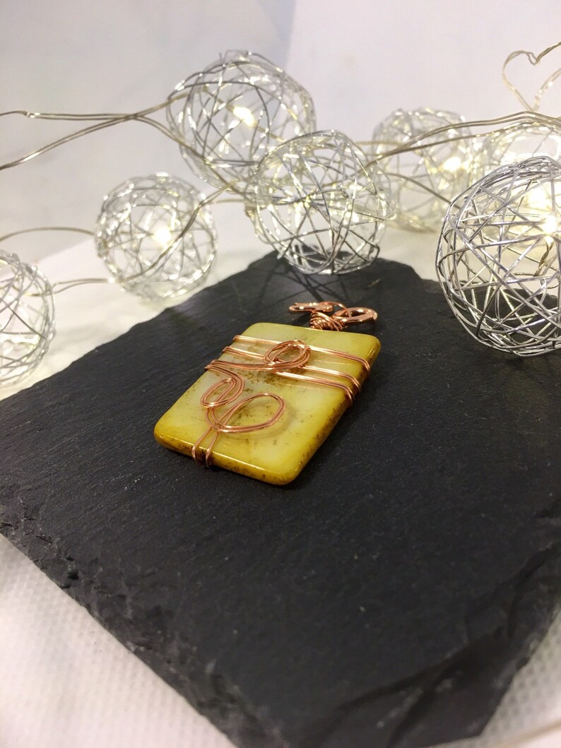Mother of pearl wrapped in copper wire pendant with 18 inch rose antique bronze chain
