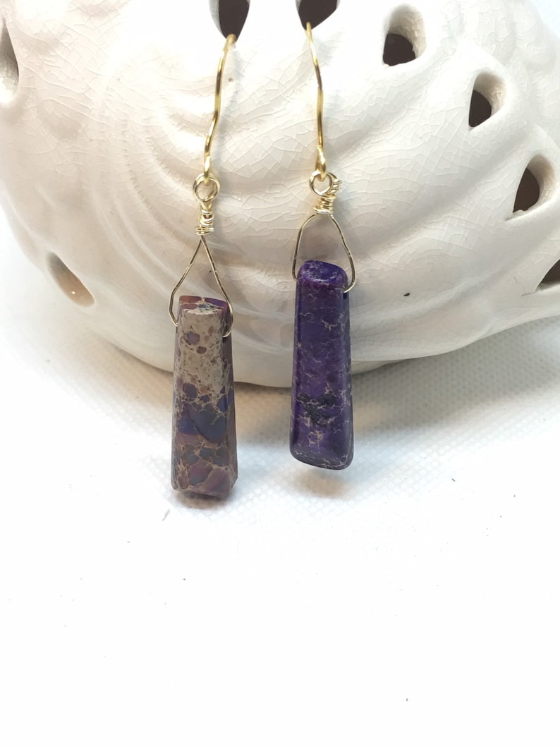 dangle and drop earrings Purple jasper rainbow stones captured in gold