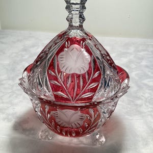 Red and Clear Footed Covered Candy Dish