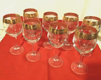 Vintage Gold Trim Etched Wine Glasses - Set of 8