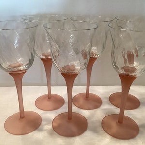 Set of 6 Pink Swirl Stem and Clear Swirl Bowl Wine Glasses