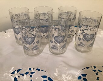 Vintage 1980,s Set of 6 Blue Hearts Glasses ( Matches Corelle Dinnerware )