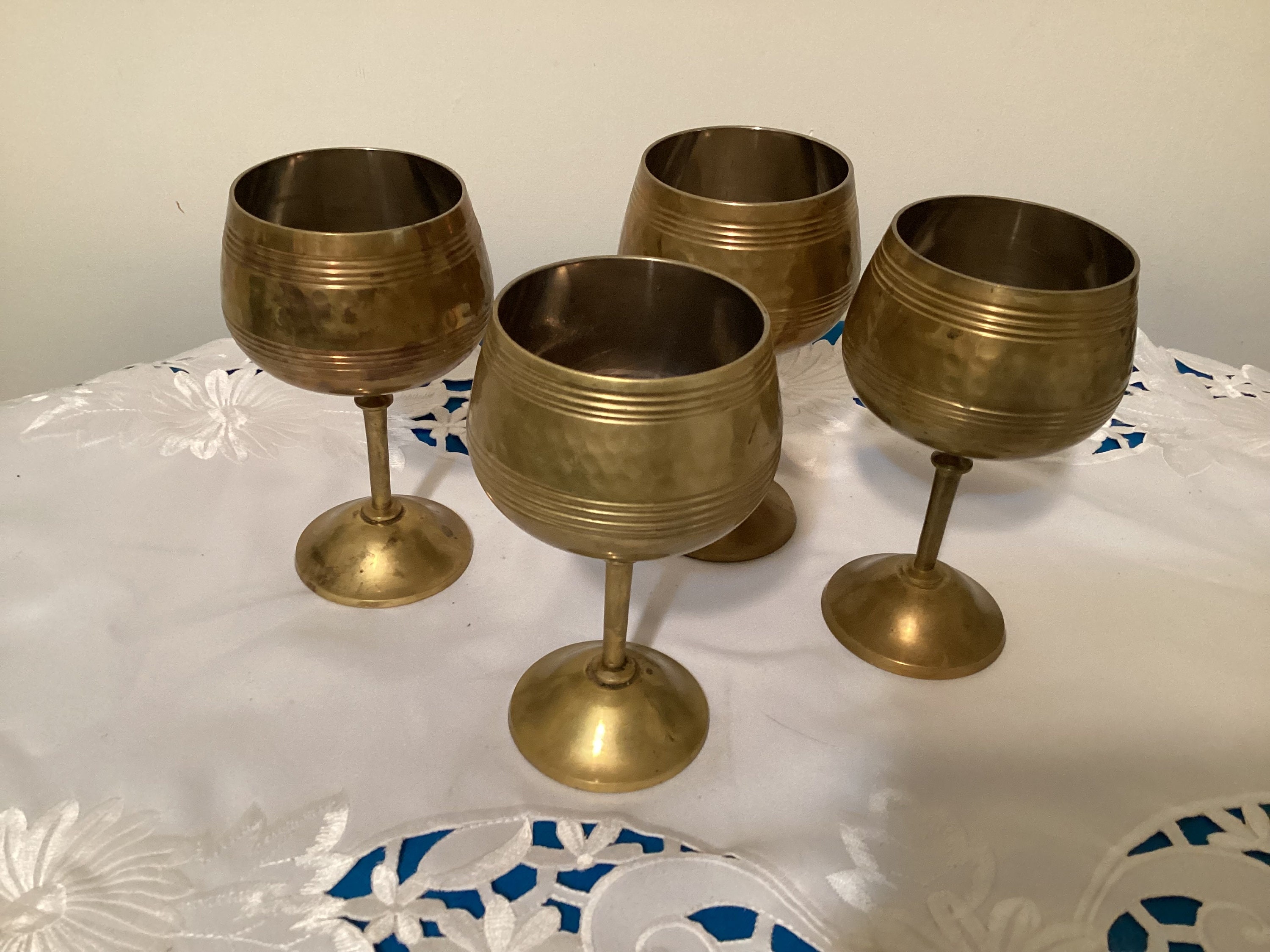 2 Vintage Brass Wine Goblets w/Silver Interior Lining 6 Tall Made In India