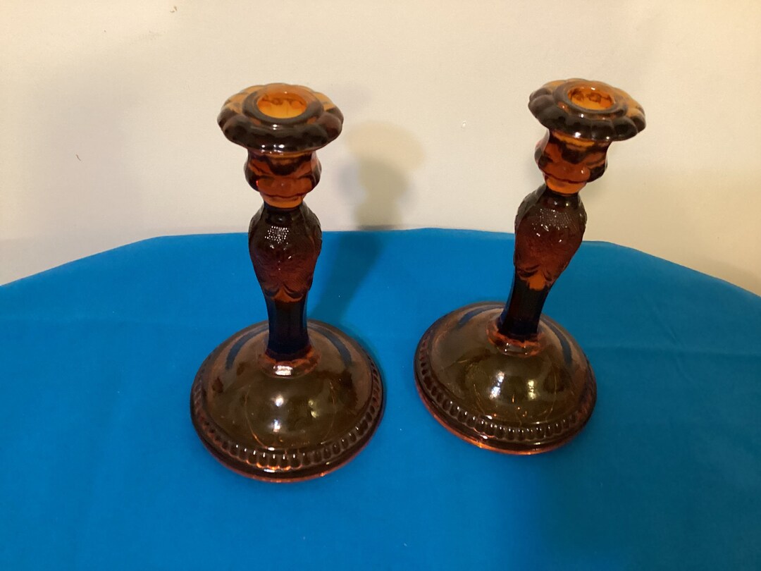 Vintage Amber Glass Candle Holders Etsy