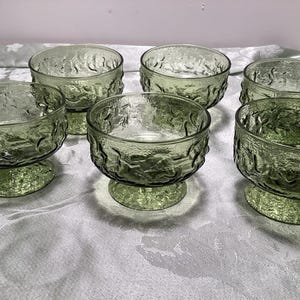 6 Vintage Avocado Green Footed Dessert Bowls