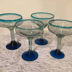 Beautiful Set of 4 Mexican Hand Blown Margarita Glasses