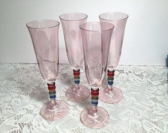 Pink Champagne Flutes with Colorful Ball Stem, Marked Italy